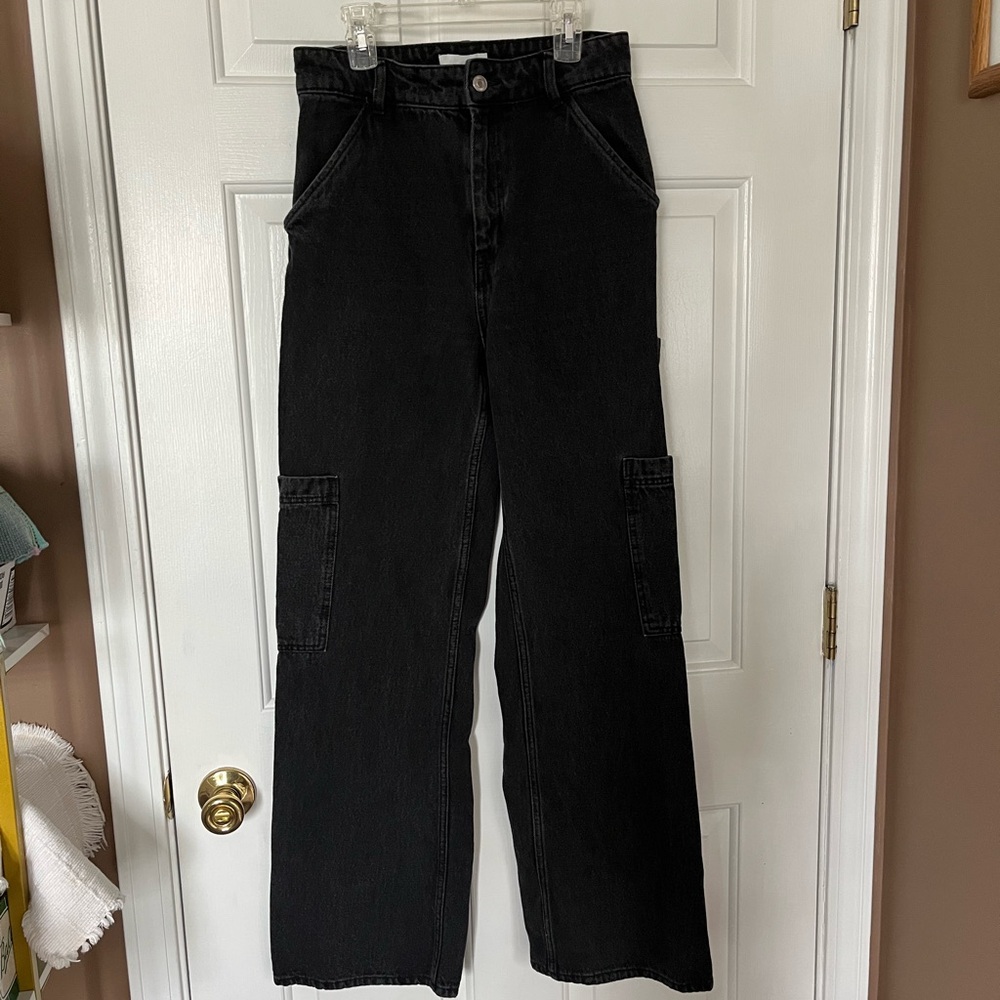 Women's Cargo Pants Wide Leg High Rise Cotton Sz4 Black H&M Pockets Flat Front
